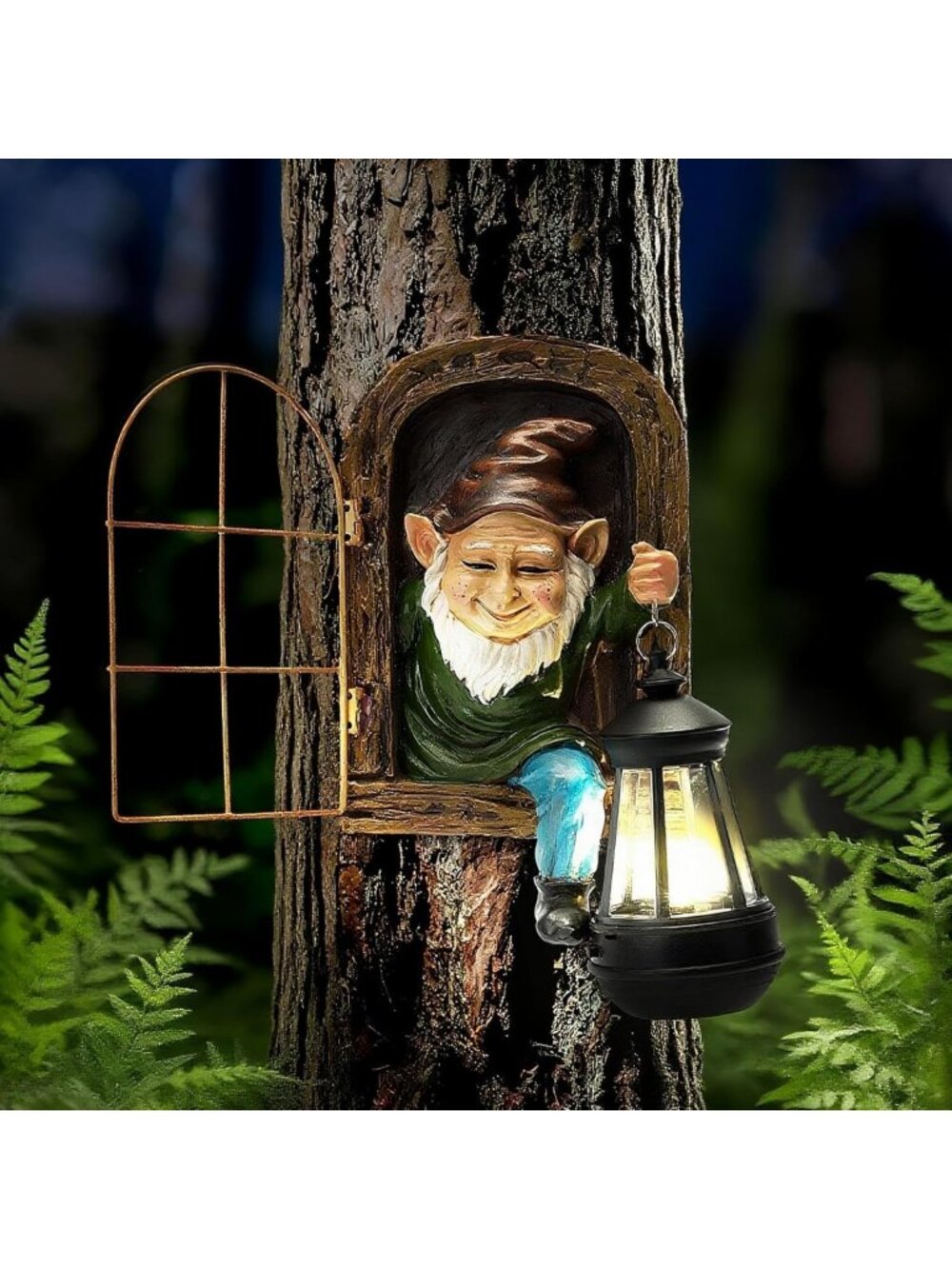 Charming Garden Gnome Statue with Solar Lantern - Whimsical Tree Face Decor for